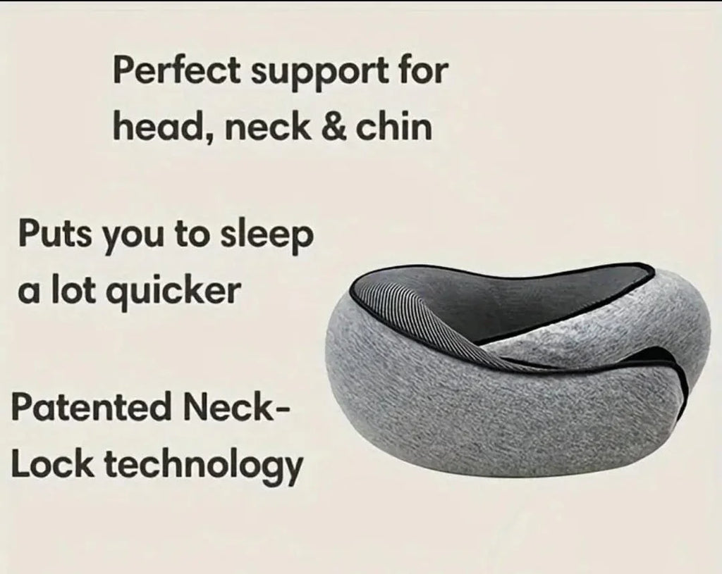 Gray travel neck pillow with patented Neck-Lock technology for support of head, neck, and chin