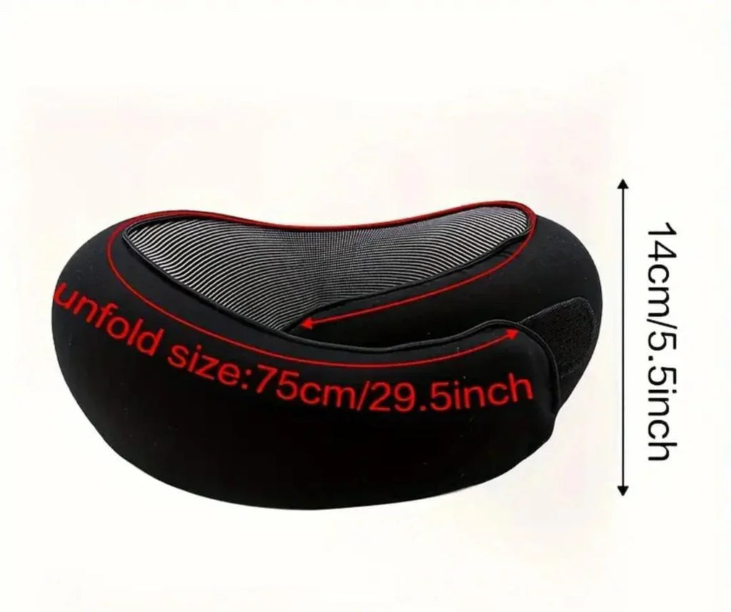 Black neck pillow with red text showing 75cm/29.5inch unfold size and 14cm/5.5inch height