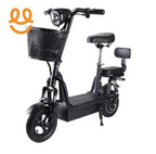 Black electric scooter with front basket, cushioned seat, and rear backrest on white background