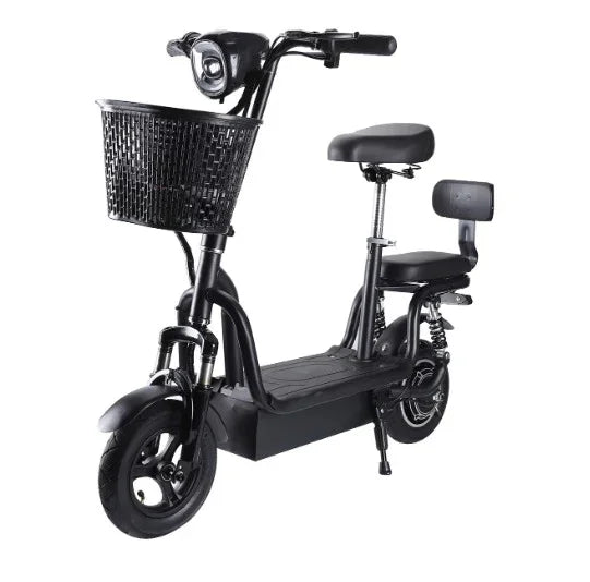 Black electric scooter with front basket, cushioned seat, and rear backrest on white background