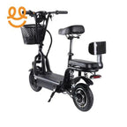 Compact black electric scooter with front basket, padded seat, backrest, and rear suspension