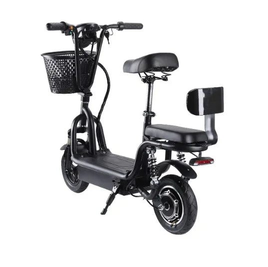 Compact black electric scooter with front basket, padded seat, backrest, and rear suspension