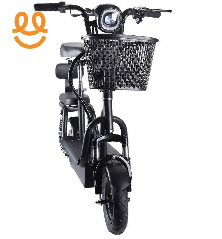 black electric scooter with front basket, headlight, and cushioned seat isolated on white