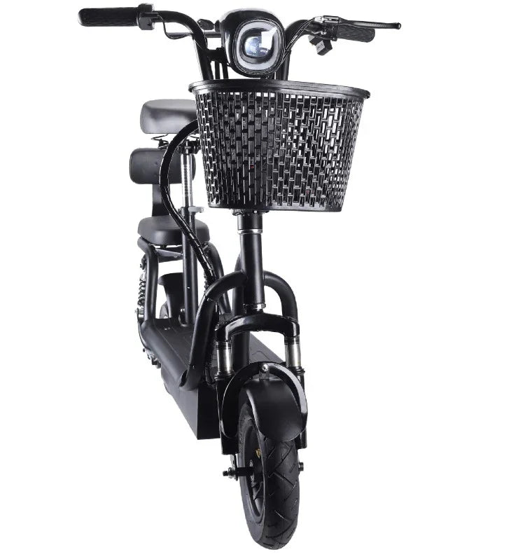 black electric scooter with front basket, headlight, and cushioned seat isolated on white