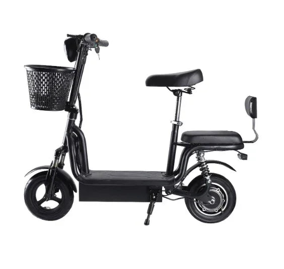 Black electric scooter with basket, padded seats, and rear backrest on white background
