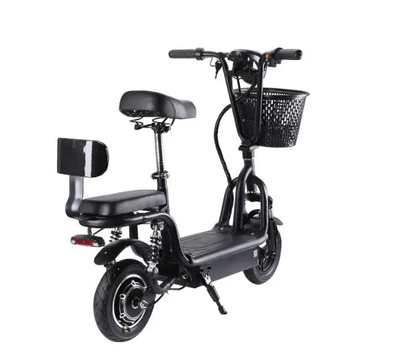 Black electric scooter with dual cushioned seats, front basket, rear backrest, and kickstand