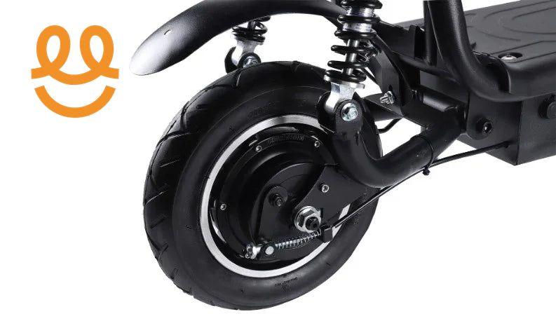 Close-up of electric scooter rear wheel with suspension springs and black fender on white background