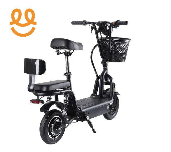 Black electric scooter with padded seat, backrest, front basket, and rear reflector on white background