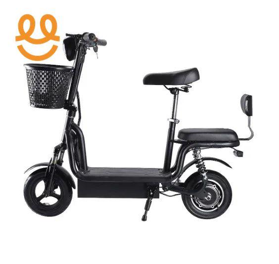 Compact black electric scooter with front basket and rear seat on white background