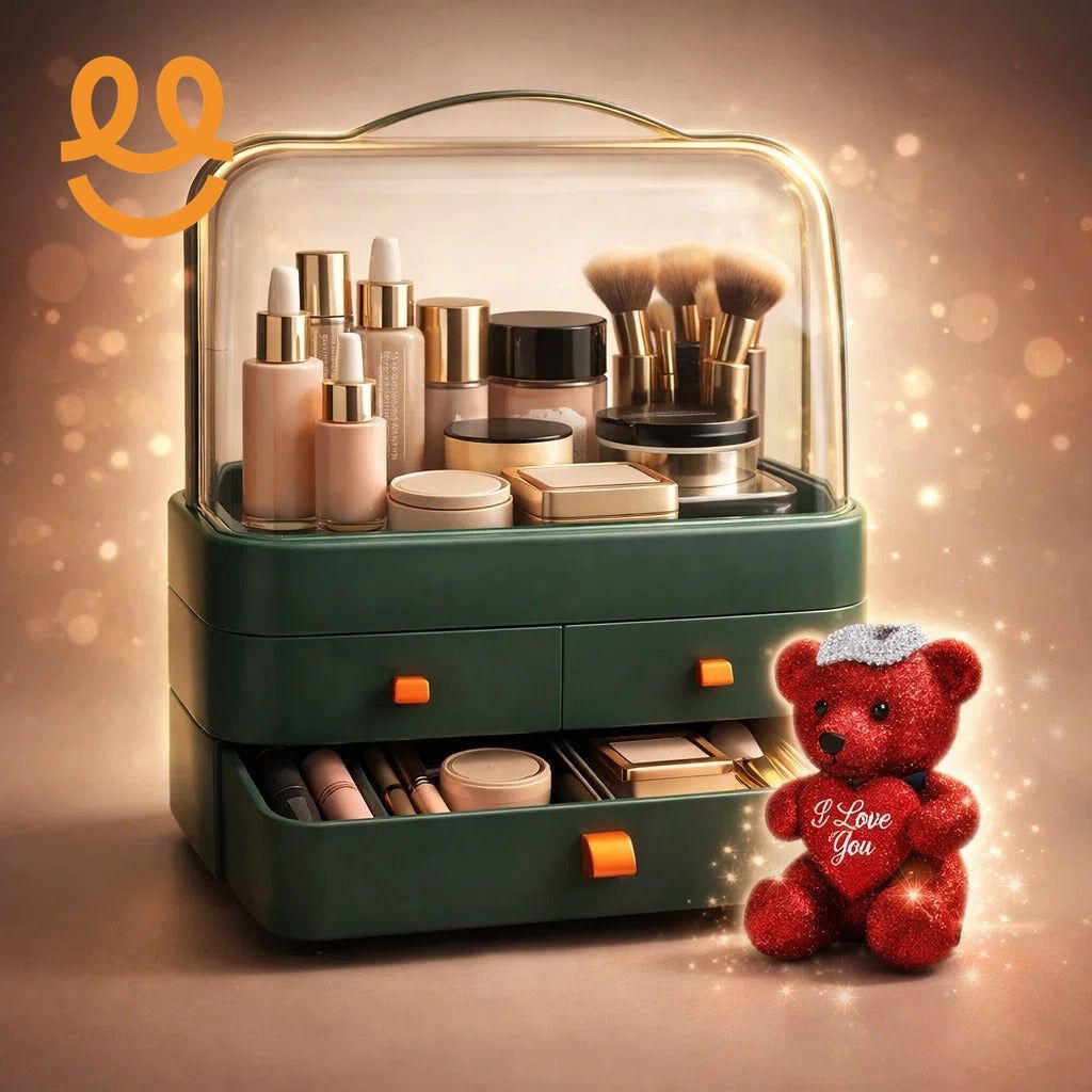 Premium Dustproof Makeup Organizer with Handle & Drawers – Portable Cosmetic Storage Box | With Free Bear Gift