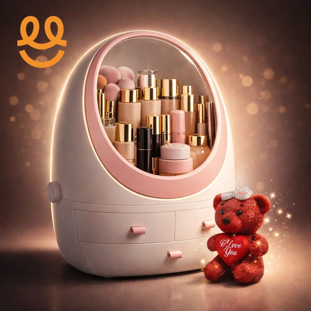 Oval Mirror Cosmetic Storage Organizer | Makeup Storage Box | With Free Bear Gift