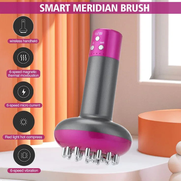 Wireless handheld Smart Meridian Brush with 6-speed thermal moxibustion, micro current, vibration, and red light hot compress