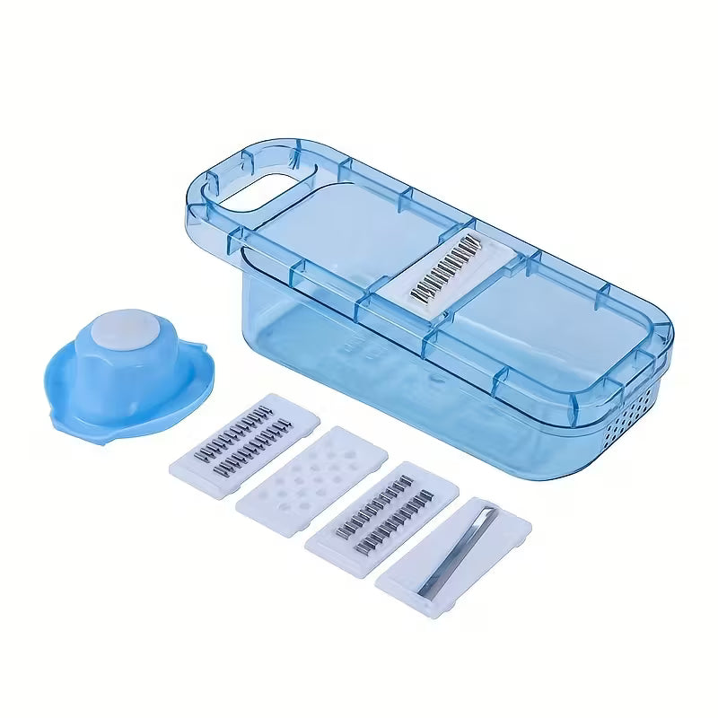 Blue plastic vegetable slicer and grater set with four interchangeable blades and container