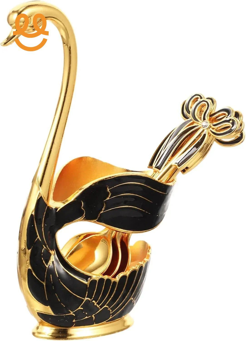 Elegant golden swan-shaped container holding matching golden spoons with decorative handles