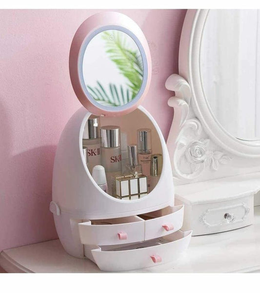 Oval Mirror Cosmetic Storage Organizer | LED Light Makeup Storage Box