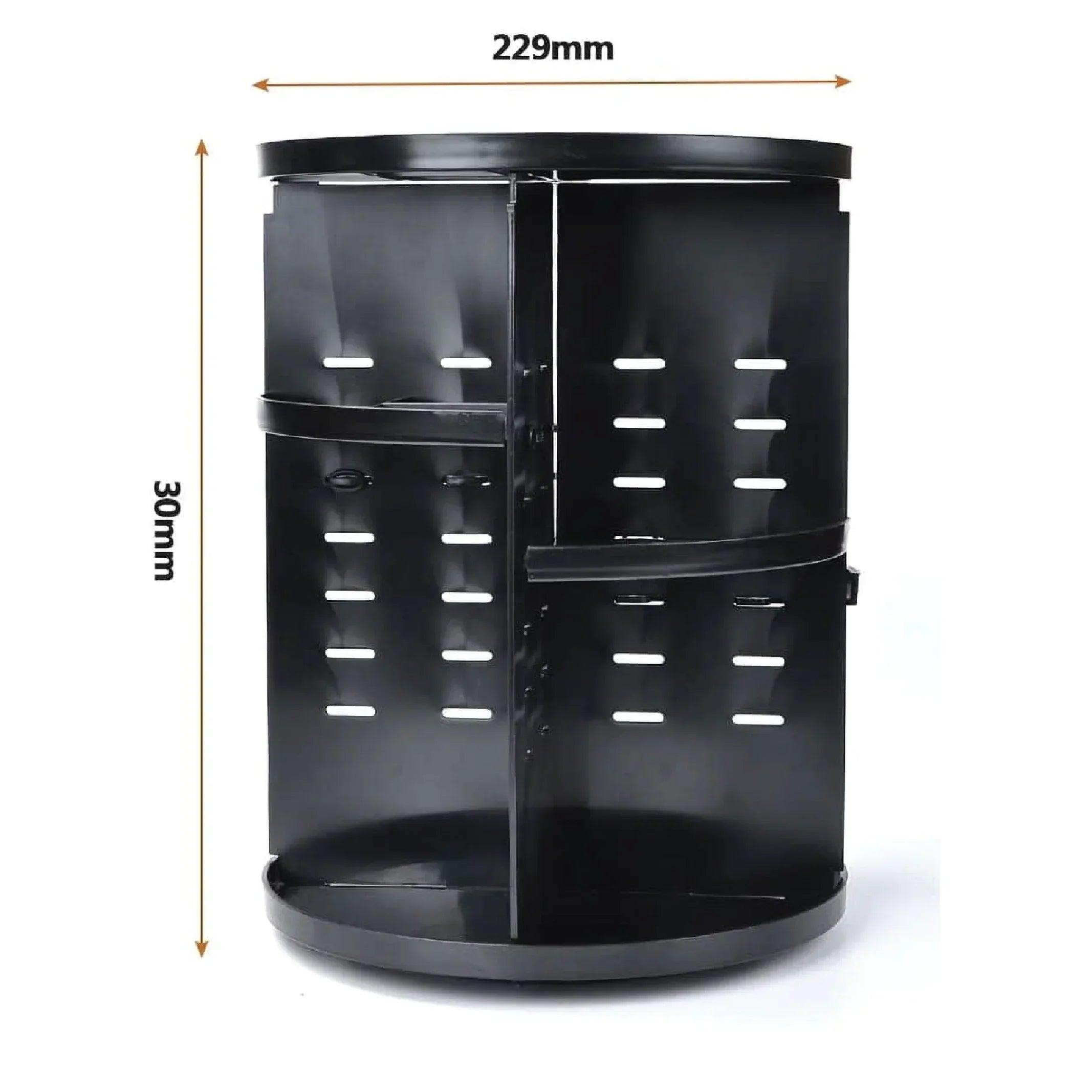 Black rotating metal organizer with slots, 229mm wide and 30mm tall, for desk storage