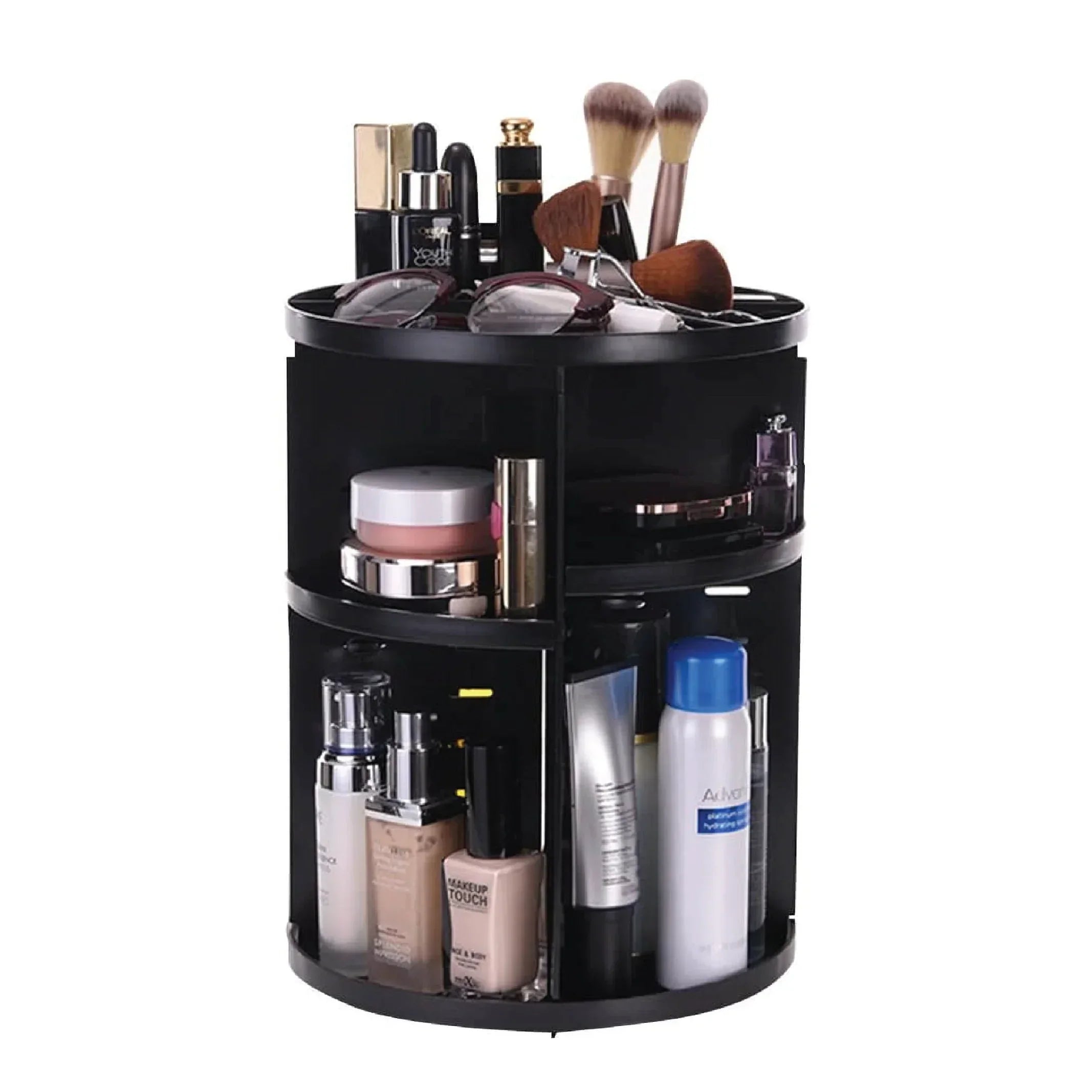 Black rotating cosmetic organizer with makeup brushes, foundations, skincare bottles, and sunglasses