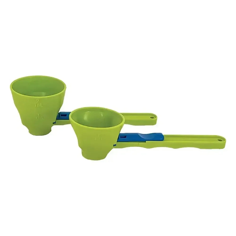 Set of two green plastic measuring cups with blue slider for adjustable volume on white background