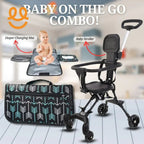 Portable diaper changing mat with arrow pattern and black baby stroller combo on white floor