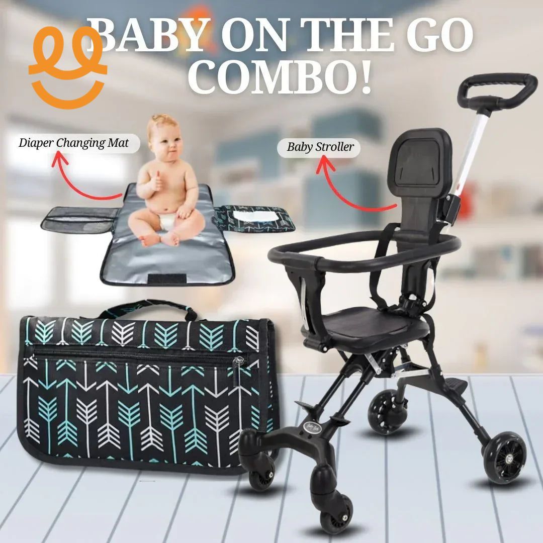 Portable diaper changing mat with arrow pattern and black baby stroller combo on white floor