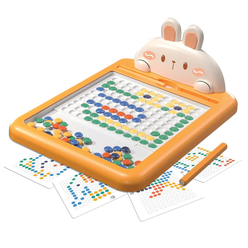 Orange-framed children's pegboard toy with colorful dots and bunny head design, pattern cards included