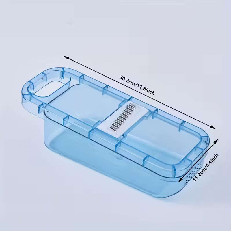 Blue plastic vegetable cutter with container and grater, measuring 30.2cm x 11.2cm