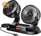 Black dual head portable USB rechargeable fan with adjustable heads and red button on base
