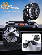 Black dual-head car vent fan with two-way manual rotation and adjustable angles mounted on car air vent