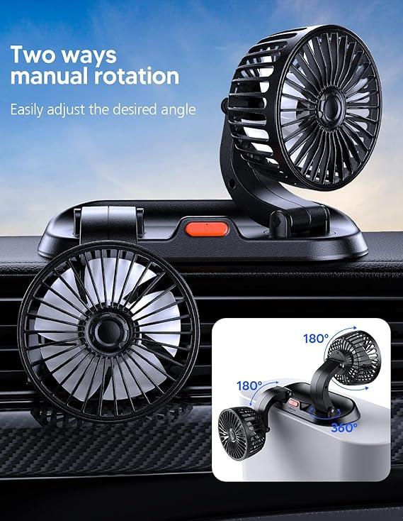 Black dual-head car vent fan with two-way manual rotation and adjustable angles mounted on car air vent