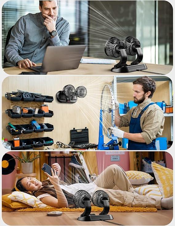 Portable twin fan used on desk, workshop wall, and home bed for cooling in various settings