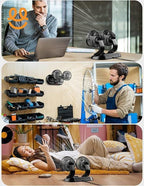 Portable twin fan used on desk, workshop wall, and home bed for cooling in various settings