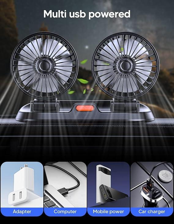 Dual USB-powered portable fans on dashboard with adapter, computer, mobile power, and car charger USB sources
