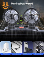 Dual USB-powered portable fans on dashboard with adapter, computer, mobile power, and car charger USB sources