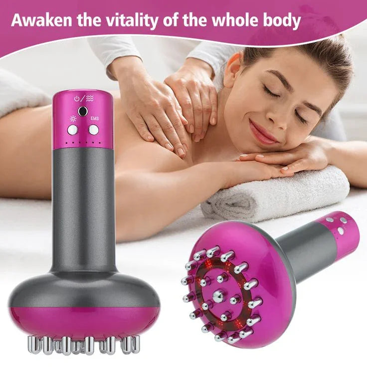 Handheld electric massager with metal nodes for full body muscle relief, woman enjoying back massage