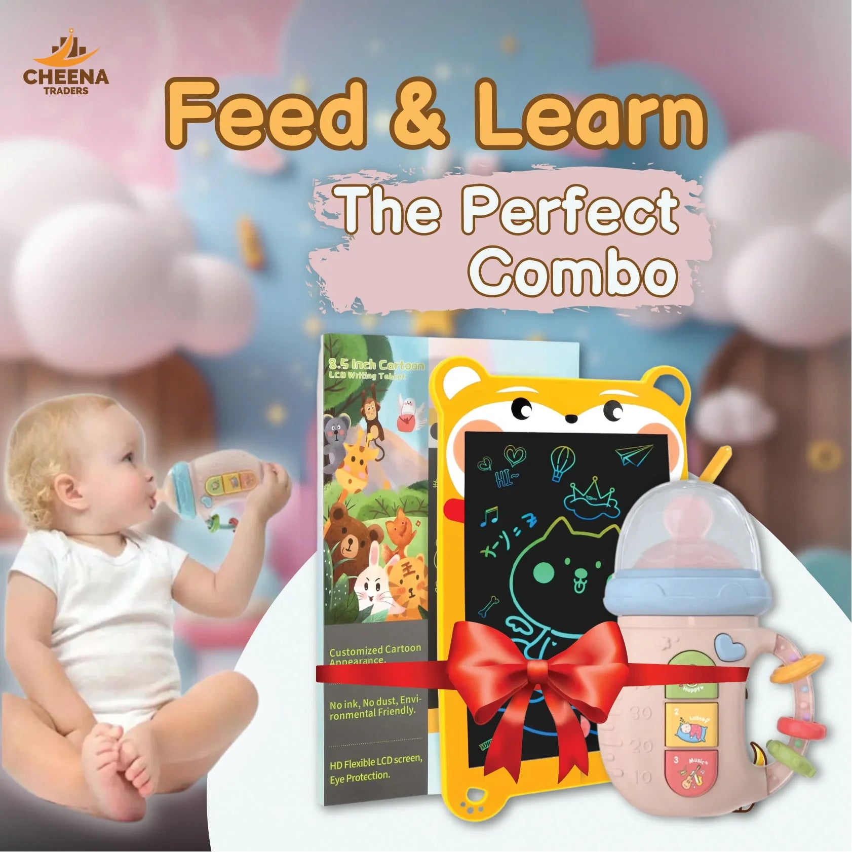 Baby holding a toy bottle next to a cartoon LCD writing tablet and baby feeder combo with colorful background