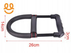 Black hand grip strengthener with foam handle and spring resistance, dimensions 26x14x3 cm