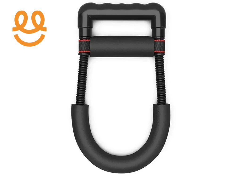 Black hand grip strengthener with foam handle and spring resistance on white background