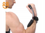 Close-up of a man’s arm using a wrist forearm exerciser with black grips and a metal spring