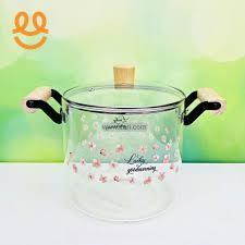 “High Borosilicate Glass Pot with Wooden Handles and Floral Design”