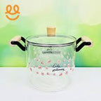 “High Borosilicate Glass Pot with Wooden Handles and Floral Design”