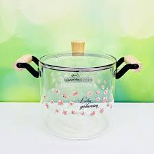 “High Borosilicate Glass Pot with Wooden Handles and Floral Design”