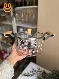 “High Borosilicate Glass Pot with Wooden Handles and Floral Design”