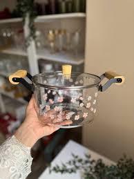 “High Borosilicate Glass Pot with Wooden Handles and Floral Design”