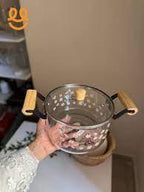 “High Borosilicate Glass Pot with Wooden Handles and Floral Design”