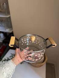 “High Borosilicate Glass Pot with Wooden Handles and Floral Design”