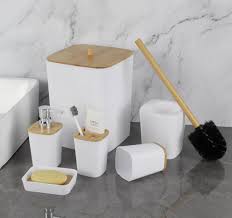 6-Piece Bamboo Wood Top Bathroom Accessory Set – Soap Dispenser, Toothbrush Holder, Tumbler, Soap Box, Toilet Brush Holder & Trash Bin, Black