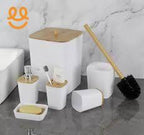 6-Piece Bamboo Wood Top Bathroom Accessory Set – Soap Dispenser, Toothbrush Holder, Tumbler, Soap Box, Toilet Brush Holder & Trash Bin, Black