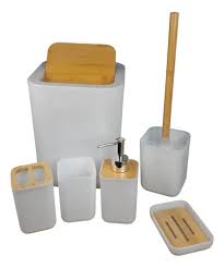 6-Piece Bamboo Wood Top Bathroom Accessory Set – Soap Dispenser, Toothbrush Holder, Tumbler, Soap Box, Toilet Brush Holder & Trash Bin, Black