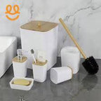 6-Piece Bamboo Wood Top Bathroom Accessory Set – Soap Dispenser, Toothbrush Holder, Tumbler, Soap Box, Toilet Brush Holder & Trash Bin, Black