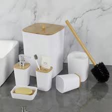6-Piece Bamboo Wood Top Bathroom Accessory Set – Soap Dispenser, Toothbrush Holder, Tumbler, Soap Box, Toilet Brush Holder & Trash Bin, Black